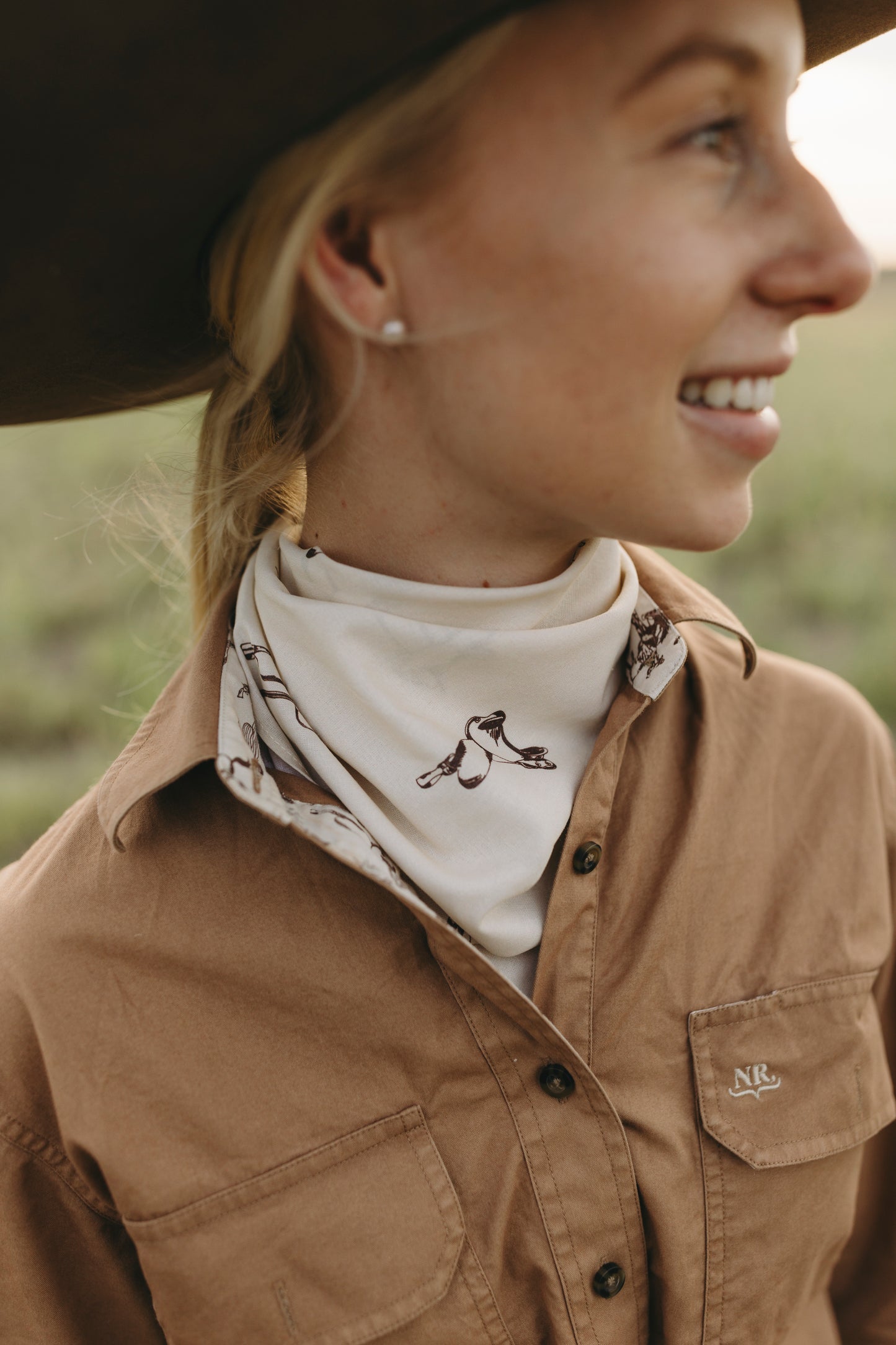 Saddles Hand Drawn Bandana - Beige