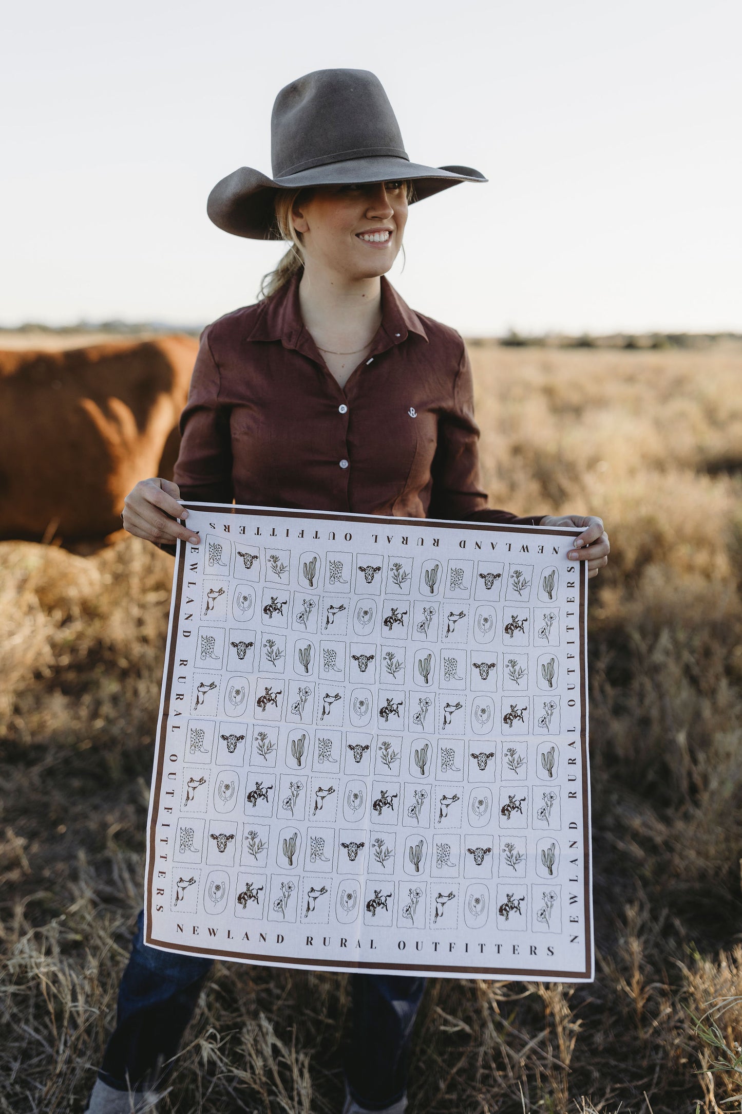 Western Hand Drawn Bandana - Brown