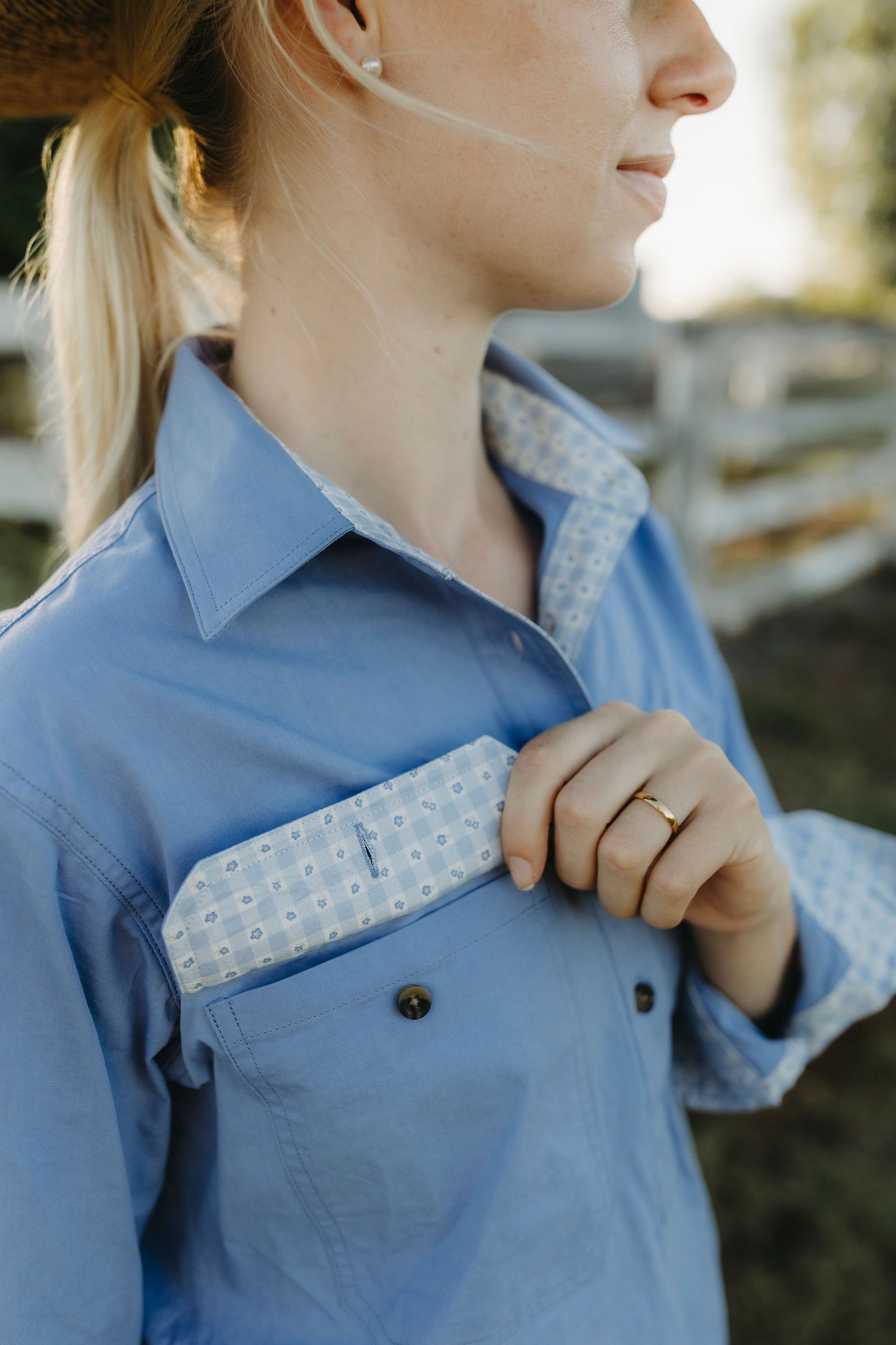 Isla Half Button Workshirt - Blue Floral Gingham