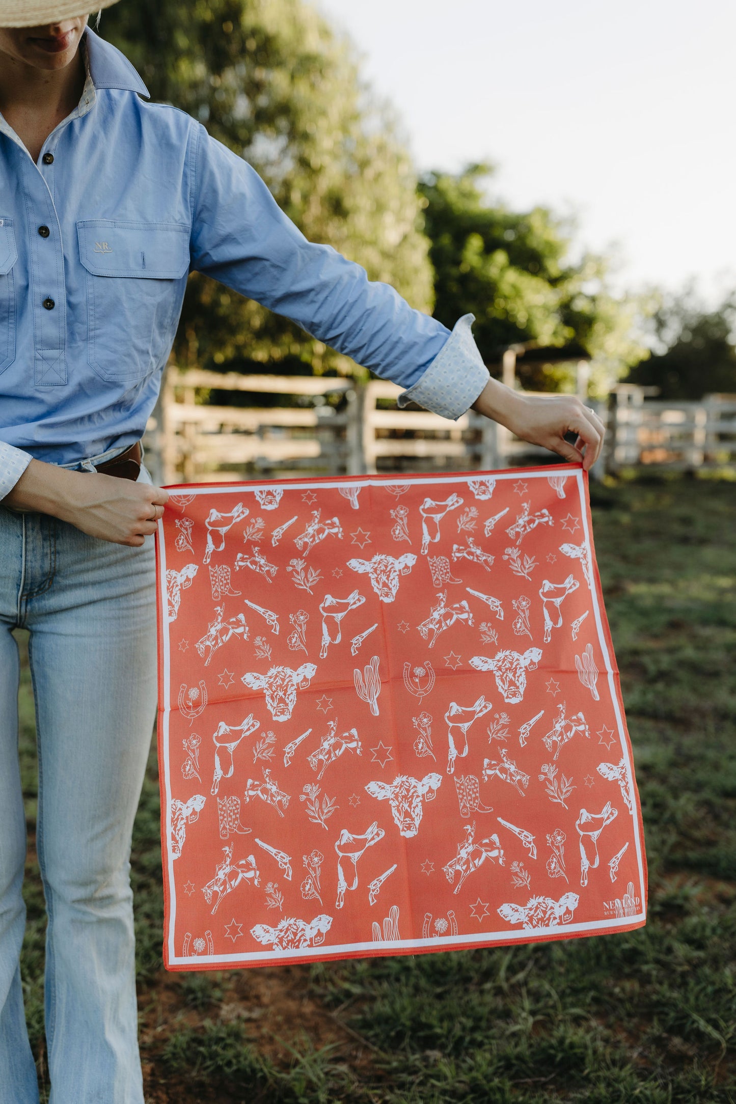 Cowboy Hand Drawn Bandana - Red