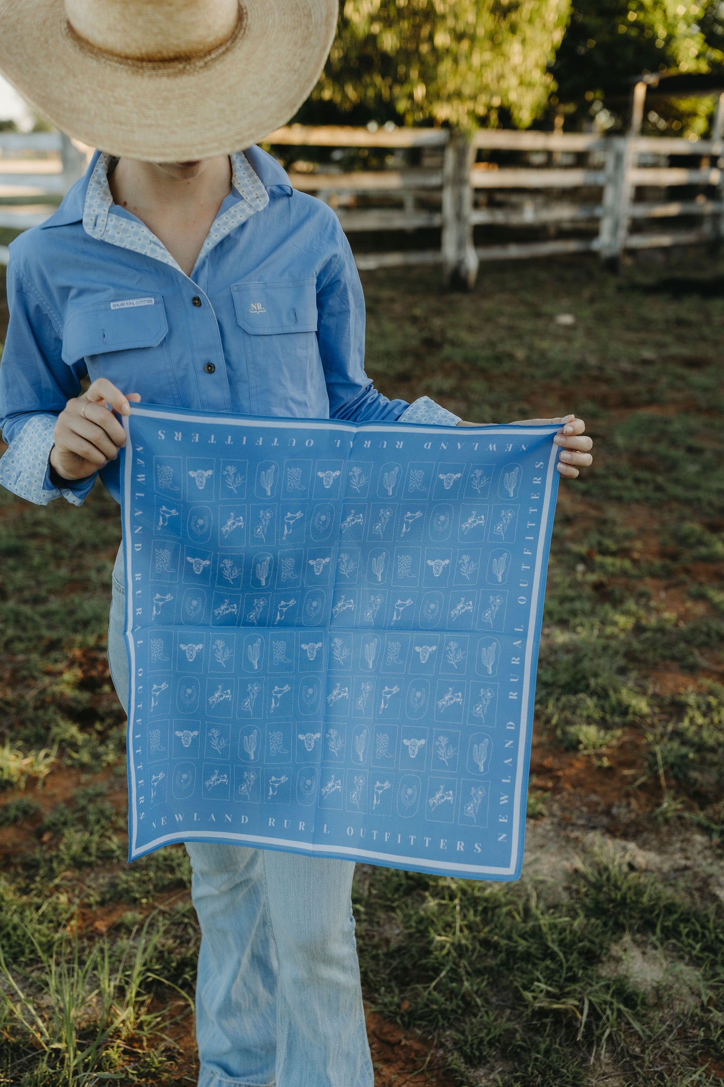Western Hand Drawn Bandana - Blue