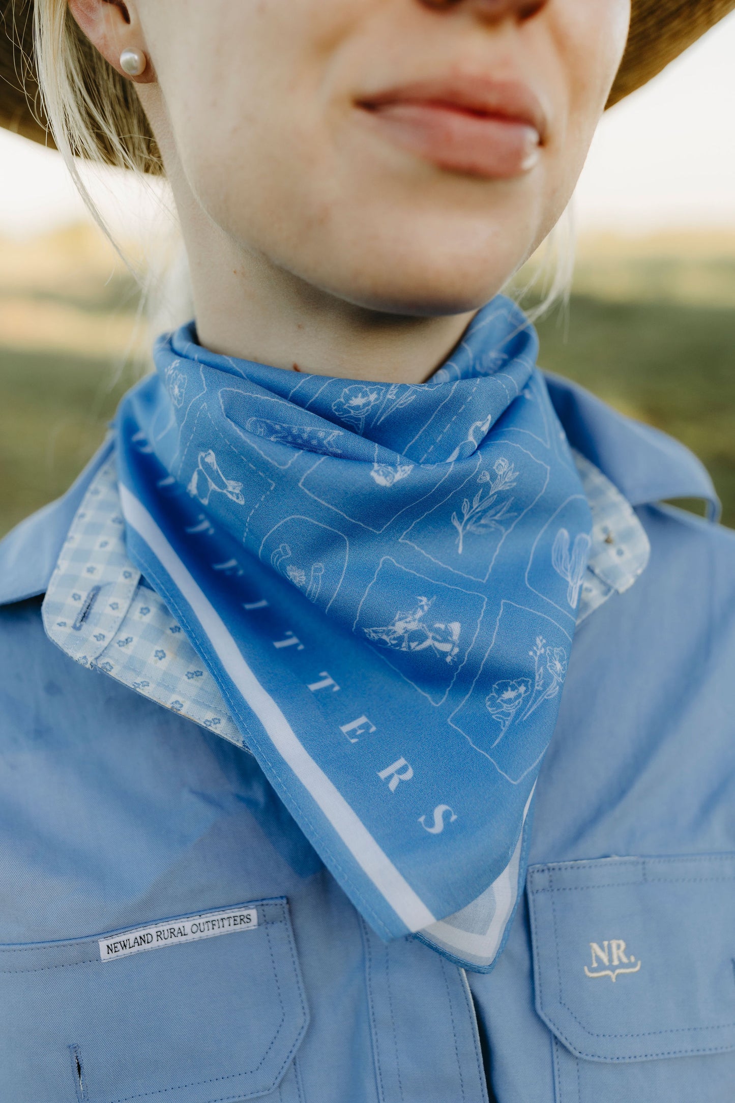 Western Hand Drawn Bandana - Blue