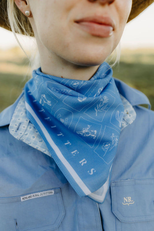 Western Hand Drawn Bandana - Blue