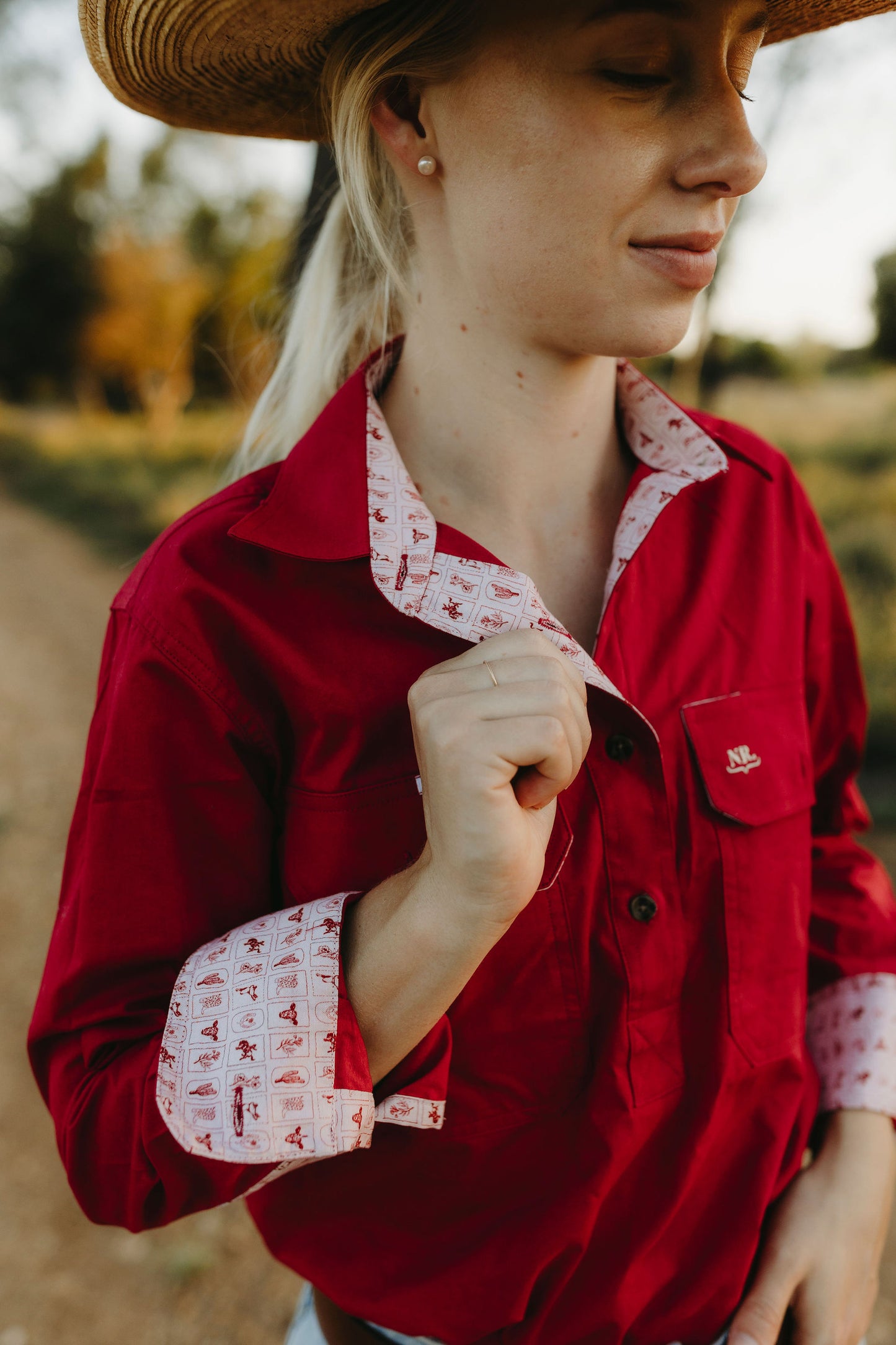 Isla Half Button Workshirt - Pink & Red Western
