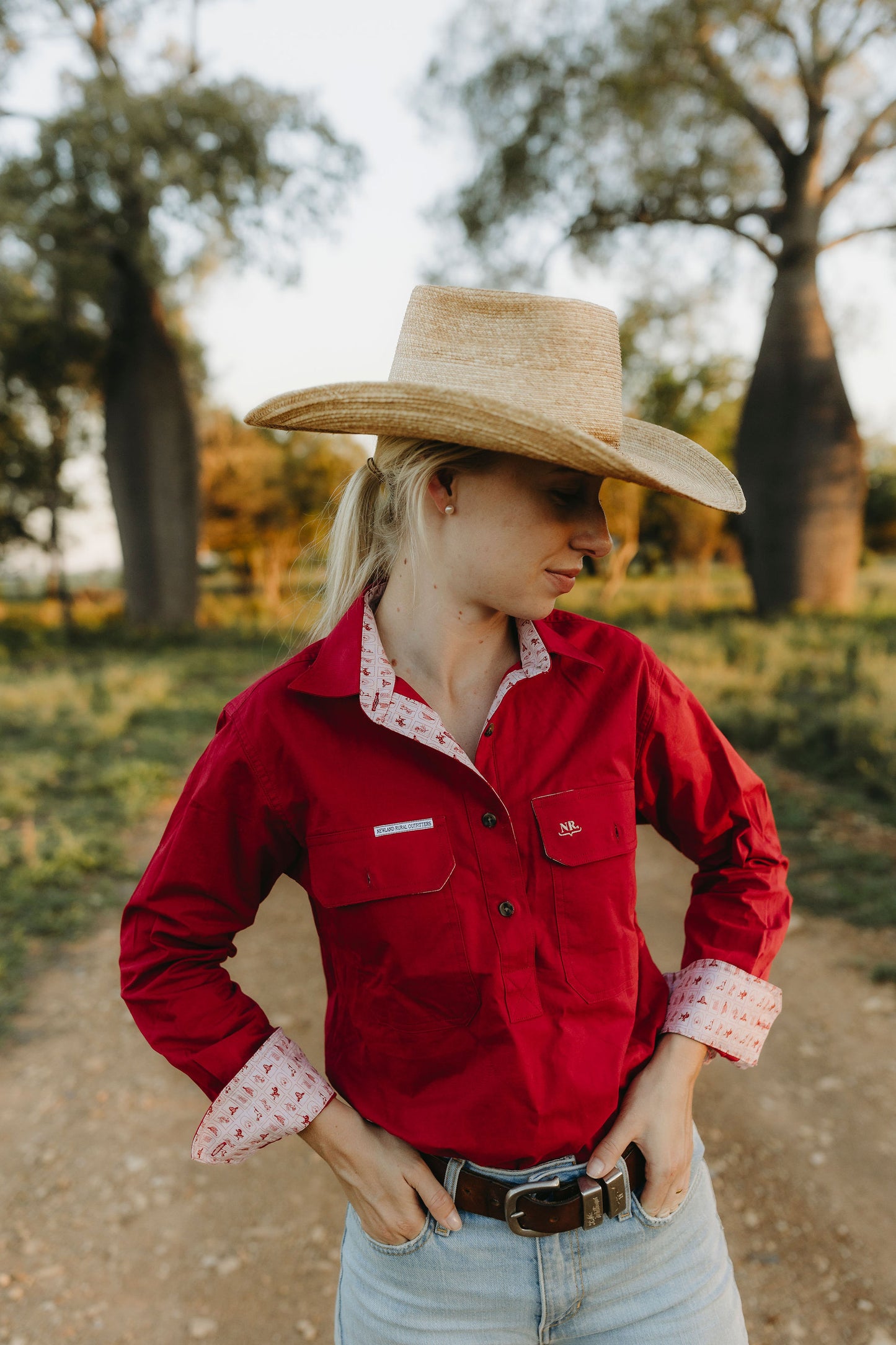 Isla Half Button Workshirt - Pink & Red Western