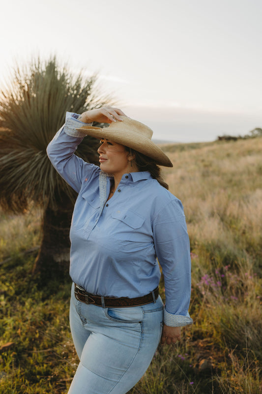 Isla Half Button Workshirt - Blue Floral Gingham