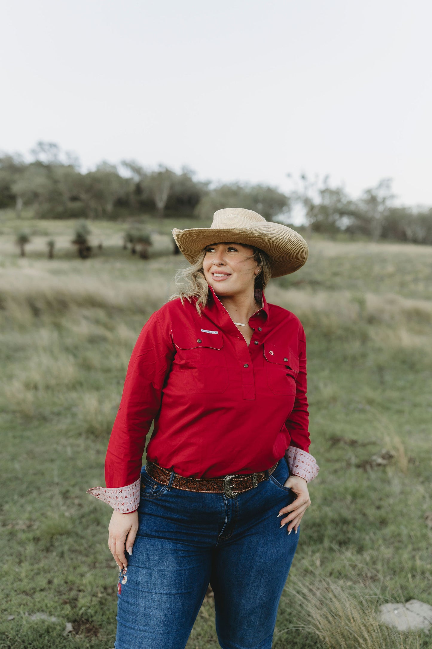 Isla Half Button Workshirt - Pink & Red Western