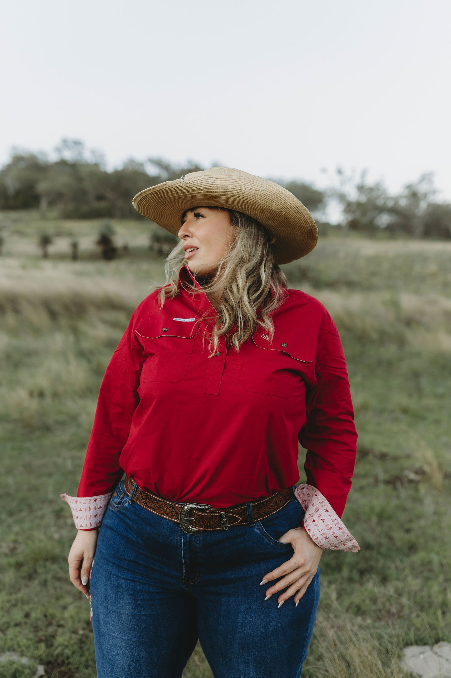 Isla Half Button Workshirt - Pink & Red Western